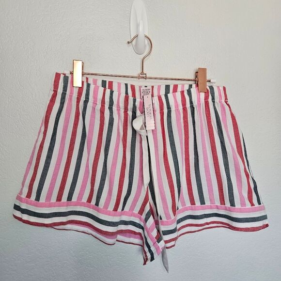 NWT Victoria's Secret | Flannel Pajama Short Set Preppy Striped Pink Women Small - Picture 5 of 6